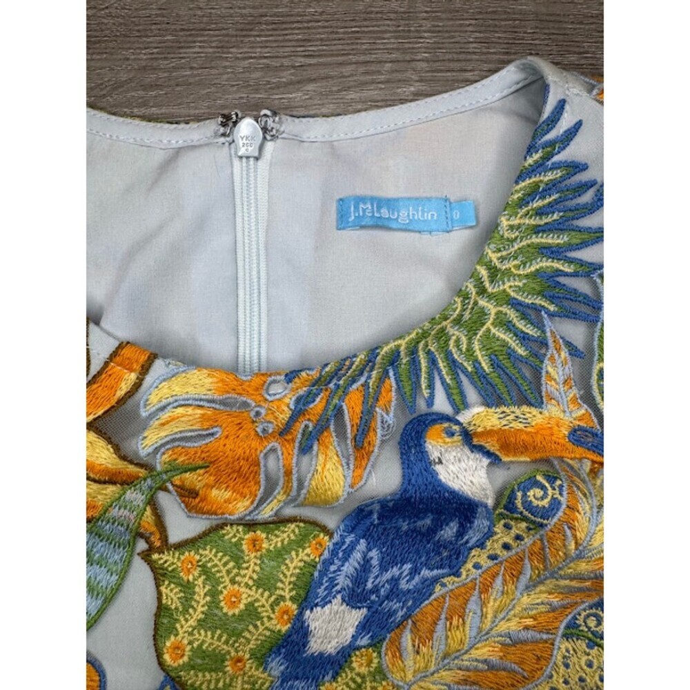Tropical Parrot Embroidered Sheath Dress Blue Green Sleeveless Women's 0 - Picture 4 of 7